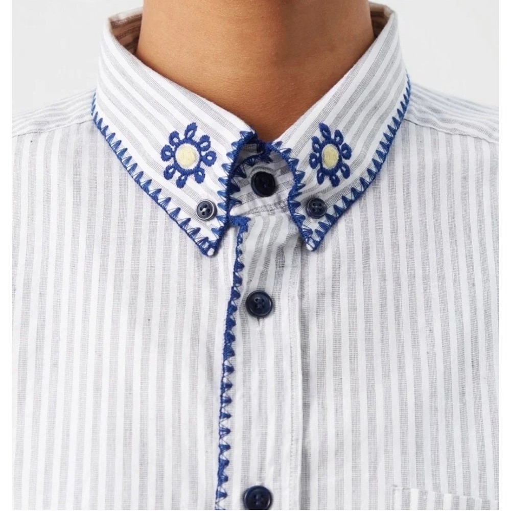 RE/DONE Upcycled Embroidered Button Down Shirt Womens L Grey White Striped